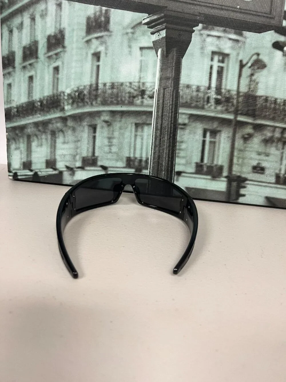 Y2K Wrap Around Headband Sunglasses Unisex Black PC Shades Gold CD Logo Buckle